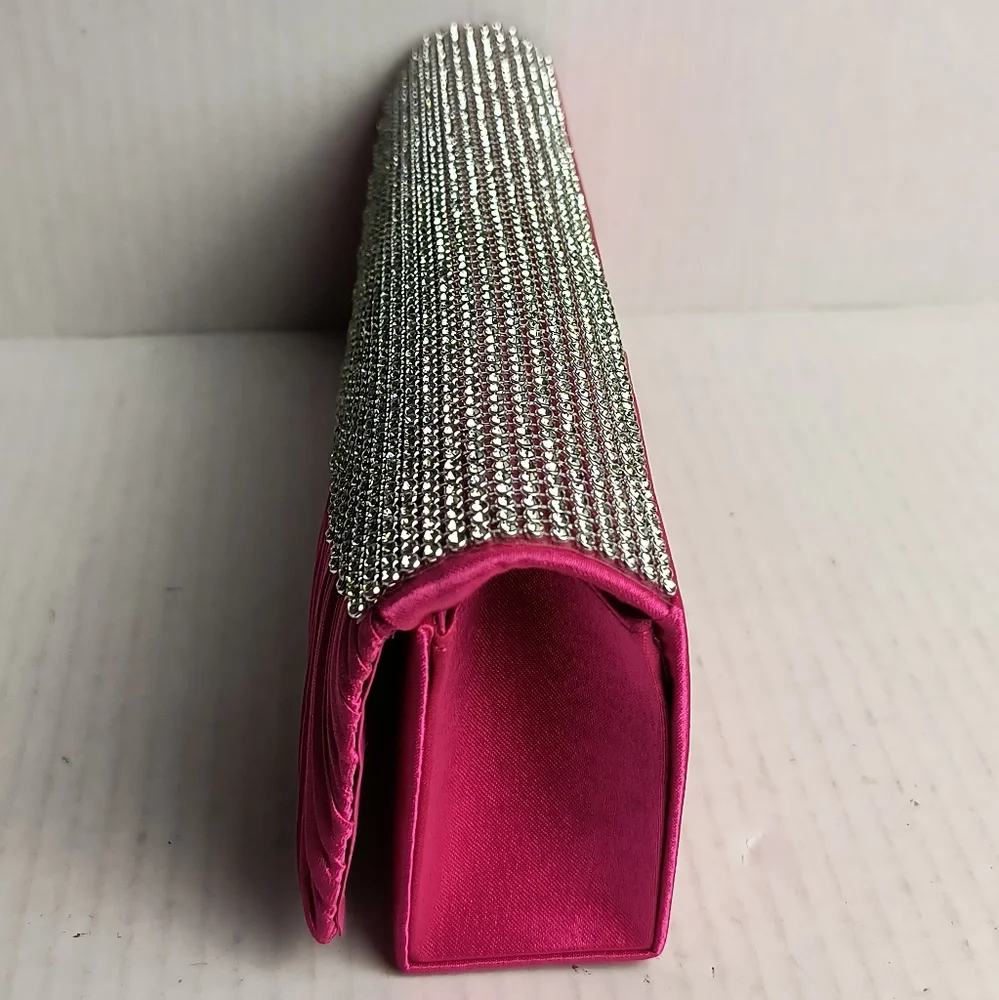 Satin Clutch Bag Faux Rhinestone Plaited Hot Pink Metal Strap Cocktail Party